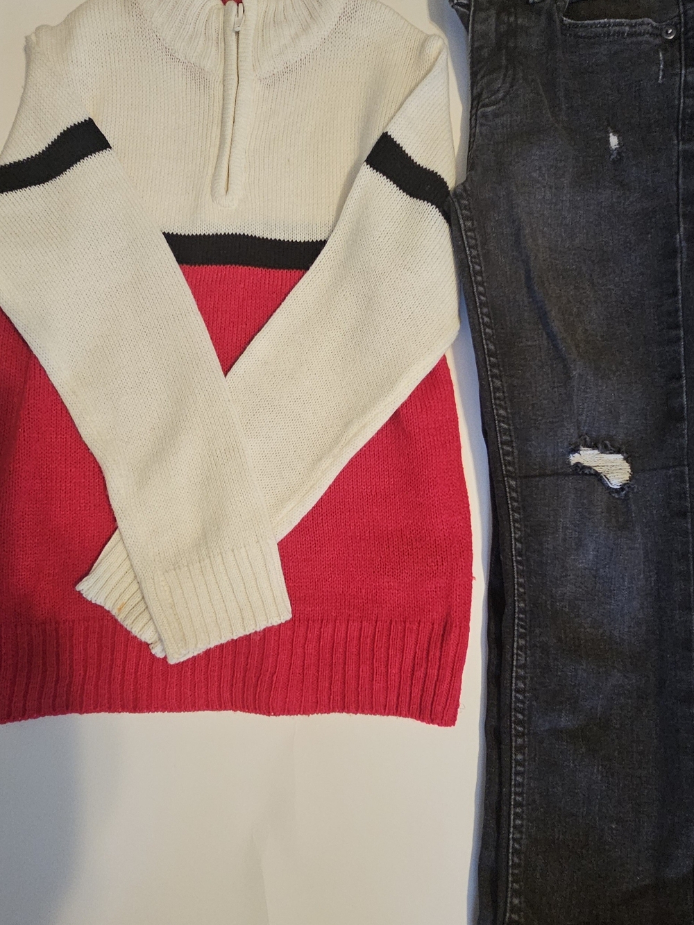 Colorblock Half-Zip Knit Sweater - Cream & Pink with Black Trim With Black Pants